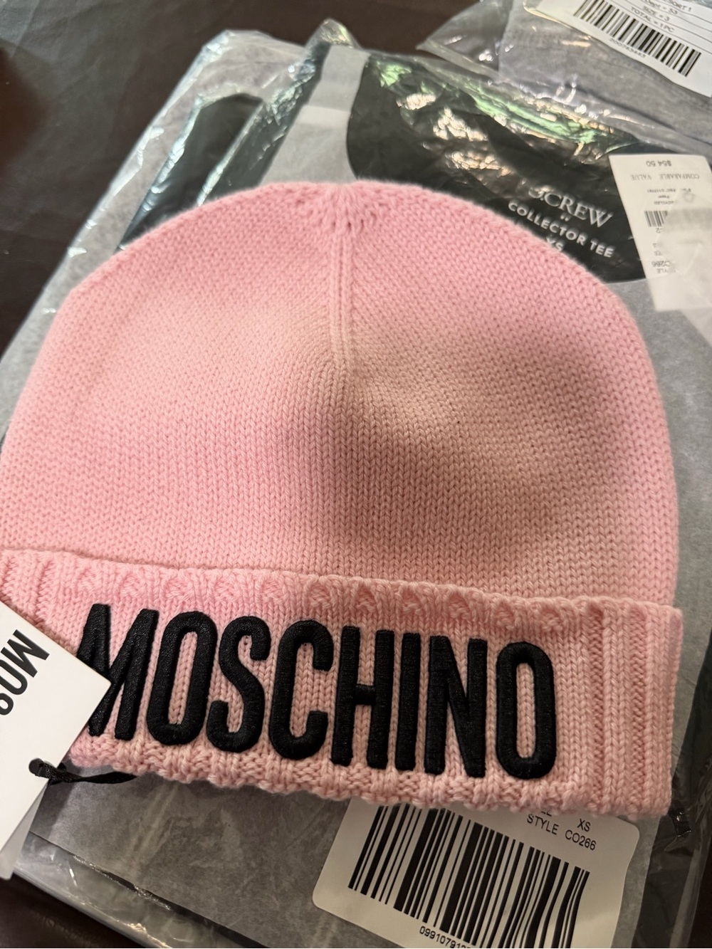 Moschino Pink Knit Beanie with Black Logo Cuff